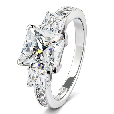 3 Stone Moissanite Engagement Rings for Women, Wedding Promise Ring | Princess Cut 3.5 CT TW, D Color VVS1, 925 Sterling Silver, Anniversary, Past Present Future 3 Stone Design, Certificate