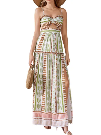 Parthea Summer Boho Floral Maxi Dress | Ruffle Cutout Bow High Slit Sundress Spaghetti Strap Flowy Beach Long Dresses for Women