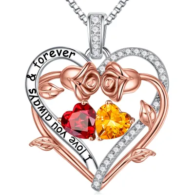 Iefil Rose Heart Double Birthstone Necklace, Gifts for Wife Her Women | 925 Sterling Silver Necklace, Gift Box Packaging, Anniversary Birthday Gifts for Women Her Wife Mom Grandma