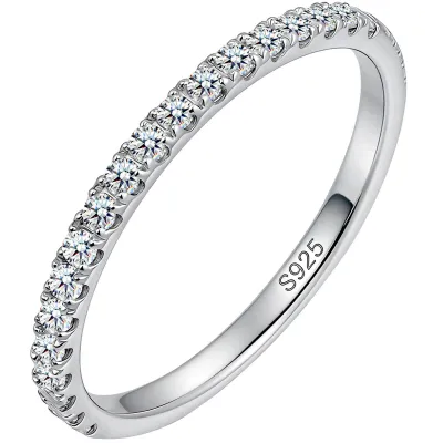 WES 1.5/1.8/2.0mm Moissanite Wedding Band - 925 Sterling Silver Half Eternity Round Stackable Moissanite Engagement Rings Anniversary Wedding Rings for Women, Size 4-11