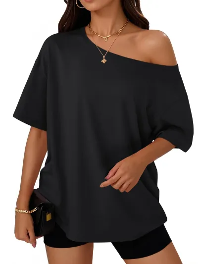 Trendy Queen Womens Off the Shoulder Tops Oversized Summer T-Shirts 2026 | Breathable comfort stretch fabric, short sleeve, basic oversized tees, casual workout gym, y2k going out clothes
