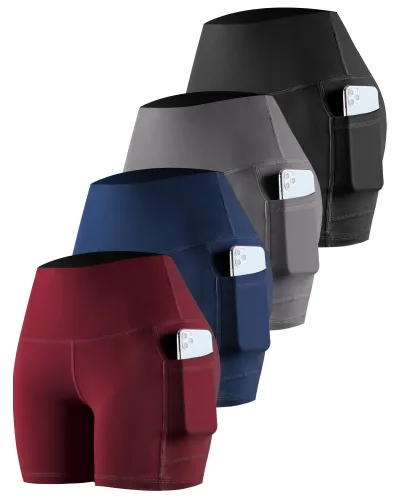 CHRLEISURE Womens Biker Yoga Shorts with Pockets: High Waisted Tummy Control Spandex Workout Athletic Gym Shorts 4 Packs